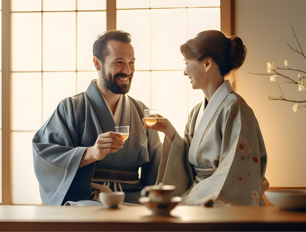 a man and a woman are taking a cup of tea